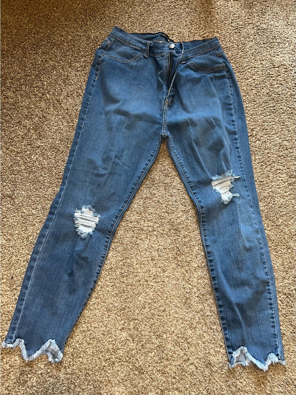 Fashion Nova Distressed Blue Ankle Jeans with Frayed Hem